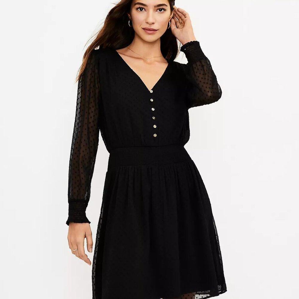NWT Ann Taylor LOFT Womens Size XS Clip Dot Smocked Button V-Neck Mini Dress NEW
